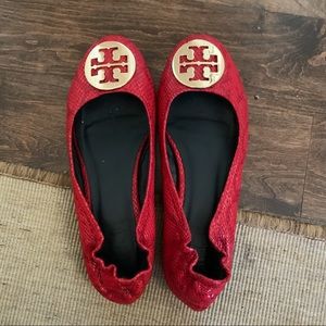 Tory Burch red snakeskin ballet flats